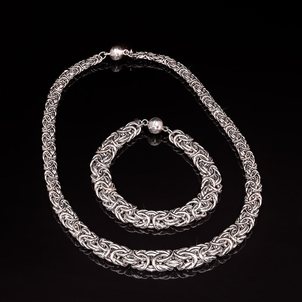 Italian Silver Byzantine Necklace & Bracelet Set w. Magnetic Clasp