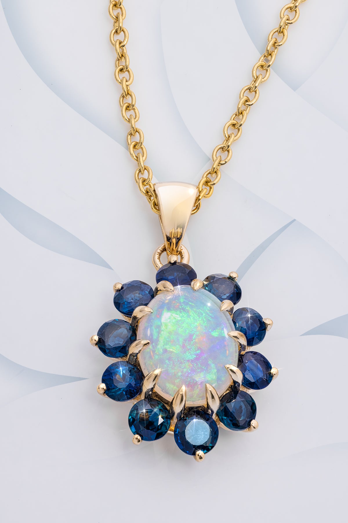 14K YG AUSTRALIAN OPAL W. BLUE SAPPHIRE NECKLACE