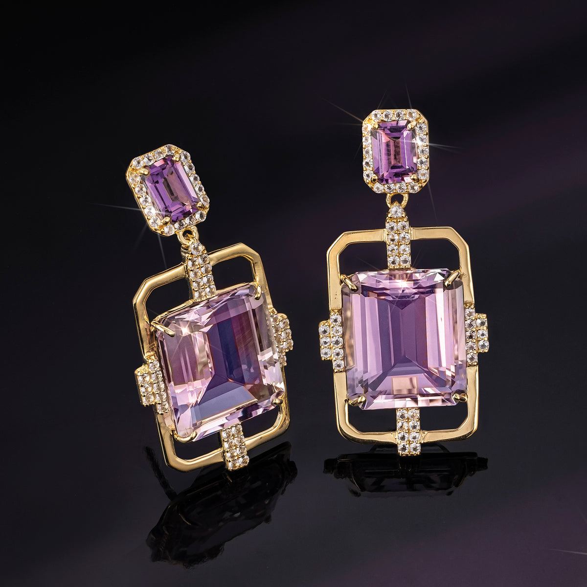 18KYG Vermeil Pink/Purple Amethyst & White Topaz Earrings 29-5/8ctw