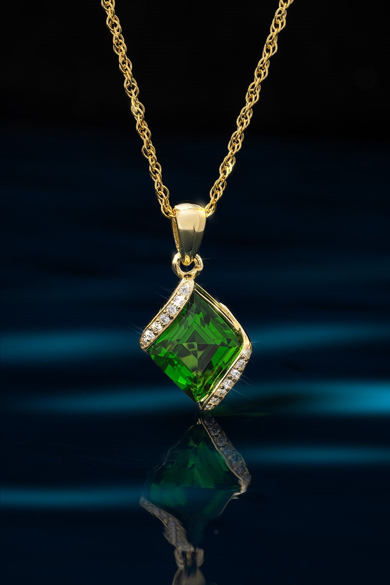 14KYGP Square Helenite & Diamond Necklace 12-1/5ctw