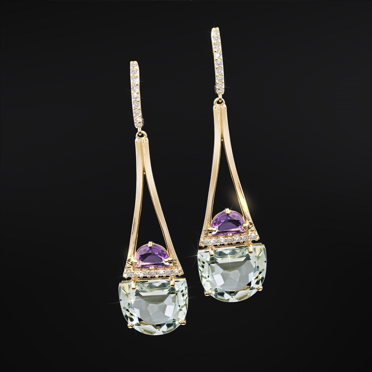 18KYGP Prasiolite, Amthst & Topaz Earrings 10-5/8ctw
