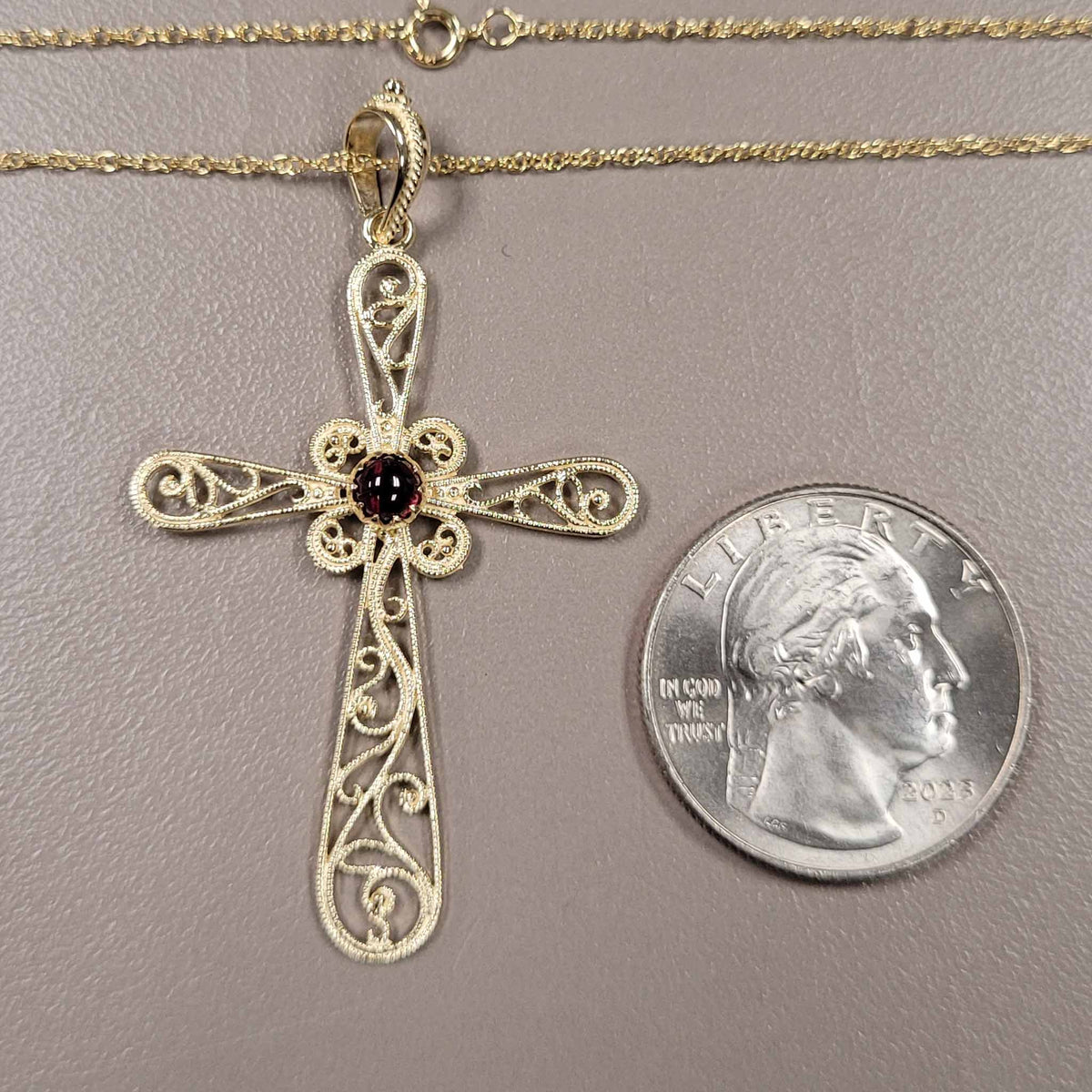 14KYG Italian Garnet Cross Necklace 1/4ctw