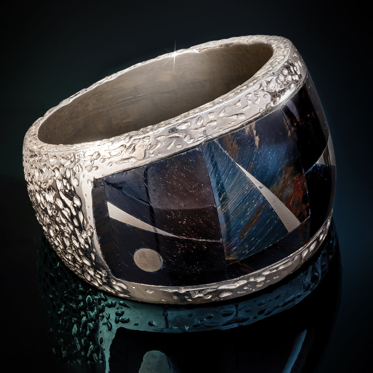 Sterling Mens Blue Tigers Eye & Black Jade Ring