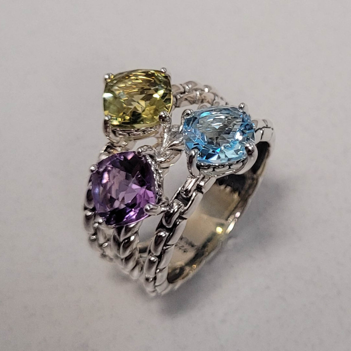 Sterling Sky Blue Topaz & Amethyst & Quartz Ring