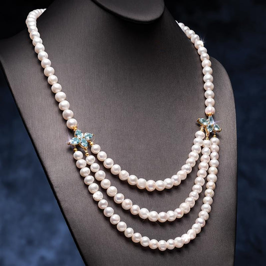 14KGP Cultured Freshwater Pearl & Blue Topaz Necklace