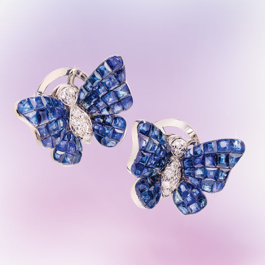 18KWG Invisible Set Sapphire Butterfly Earrings 7-7/8ctw