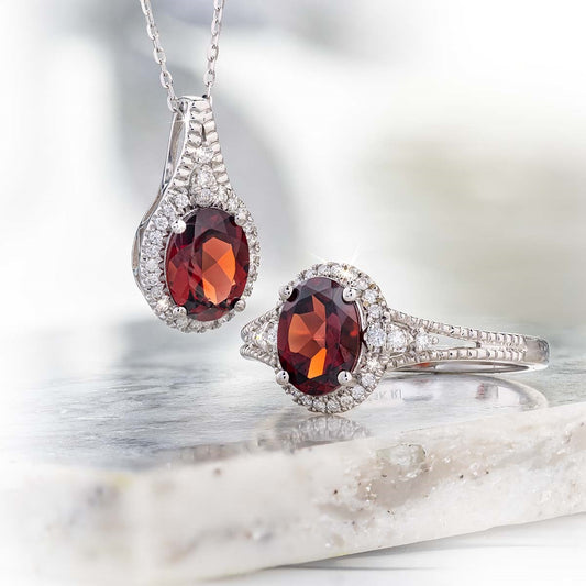 14KWG OVAL GARNET & DIA RING & NECKLACE SET