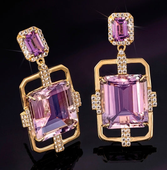 18KYG Vermeil Pink/Purple Amethyst & White Topaz Earrings 29-5/8ctw