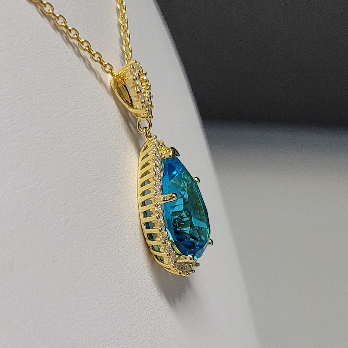14KYGP Azure Helenite & Diamondaura Necklace, Earrings, & Ring