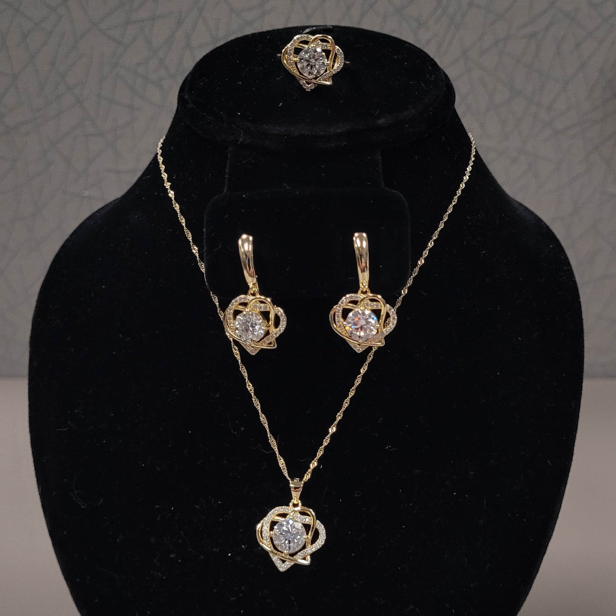14KYGP Two Hearts Moissanite Necklace, Earrings, Ring Set
