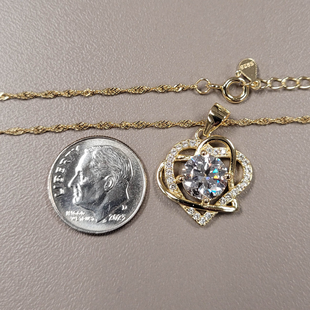 14KYGP Two Hearts Moissanite Necklace, Earrings, Ring Set