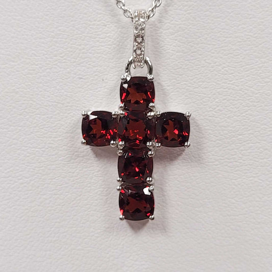 Sterling Silver Red Garnet & Topaz Cross Necklace 4-5/8ctw