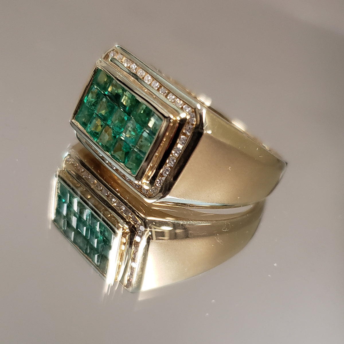14KYG Invisible Set Mens Emerald Ring 1-1/2ctw