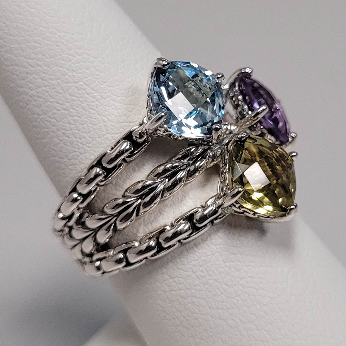 Sterling Sky Blue Topaz & Amethyst & Quartz Ring